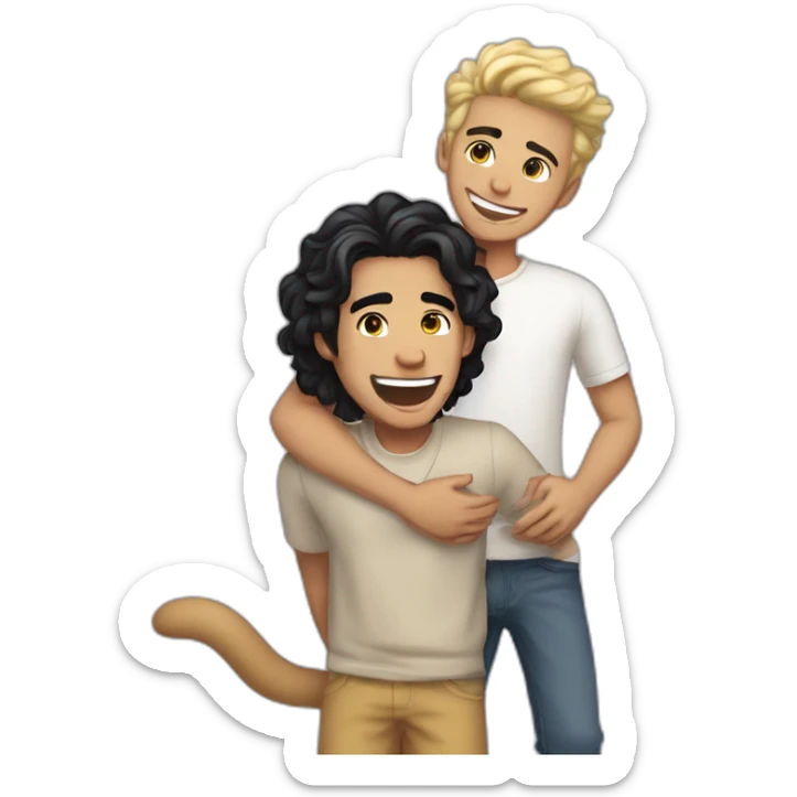 Gay couple, 1 guy Latino black straight hair and 1 Australian guy with blonde slightly curly hair with a cat laughing full body by sticker