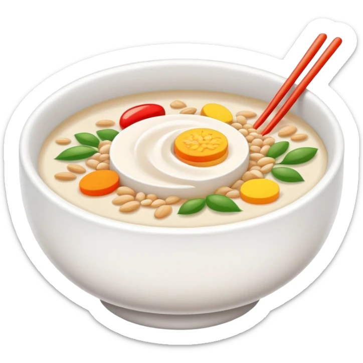 Laba Festival congee with colorful ingredients and garnishes, simplified emoji style with bold outlines and bright colors, cartoon style traditional Buddhist ceremonial porridge sticker