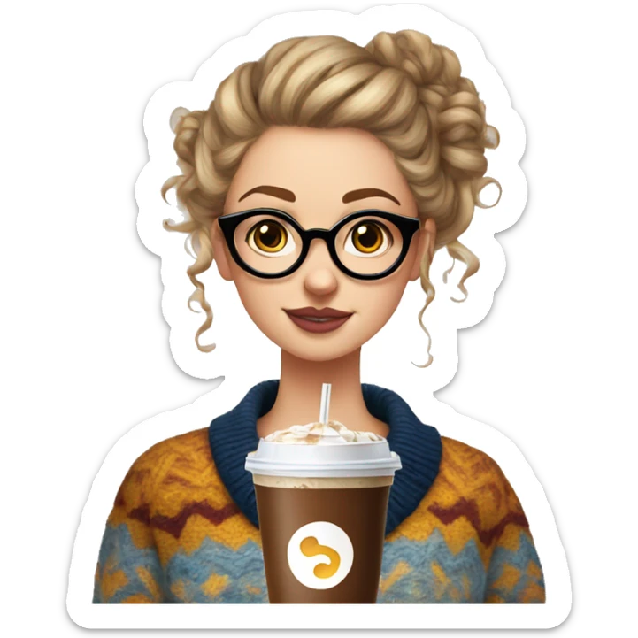 A white girl with circle glasses and a curly messy bun in an oversized and patterned sweater with an iced coffee sticker