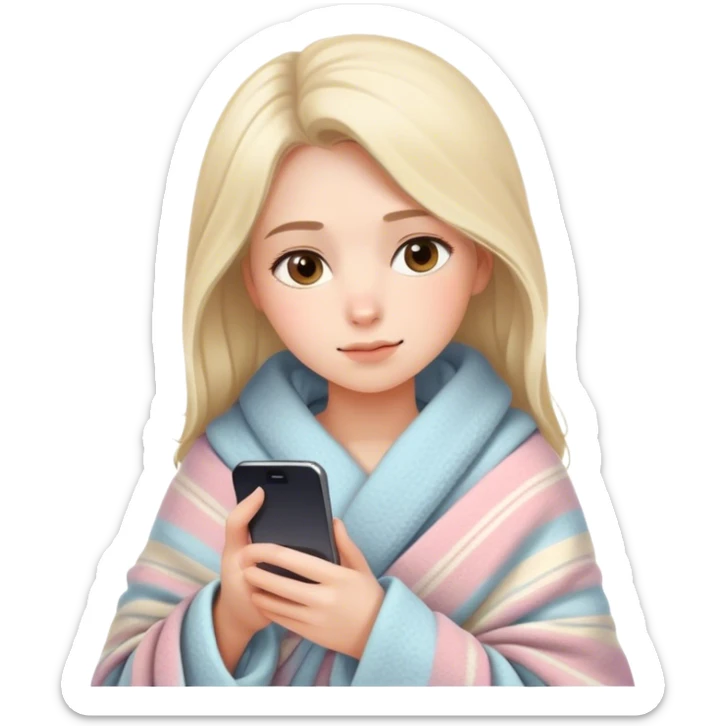 Create an emoji in Apple's iOS emoji style: a young woman wrapped in a cozy blanket, comfortably holding and looking at her smartphone. She has a neutral, relaxed expression, soft facial features, and minimalistic shading typical for Apple emojis. Colors are warm, pastel, and soothing.
 sticker