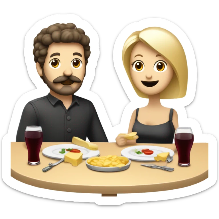 Repas raclette et deux verres de vin blanc en couple, femme blonde cheveux aux-dessus des épaules homme petite barbe et moustache grisonnantes et cheveux bruns grisonnant  sticker