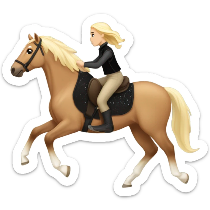  A Palomino horse running with a black sequin rug on his back and a whit rider girl brown hair  on his back without a helmet dressed in black pants and a vest   sticker