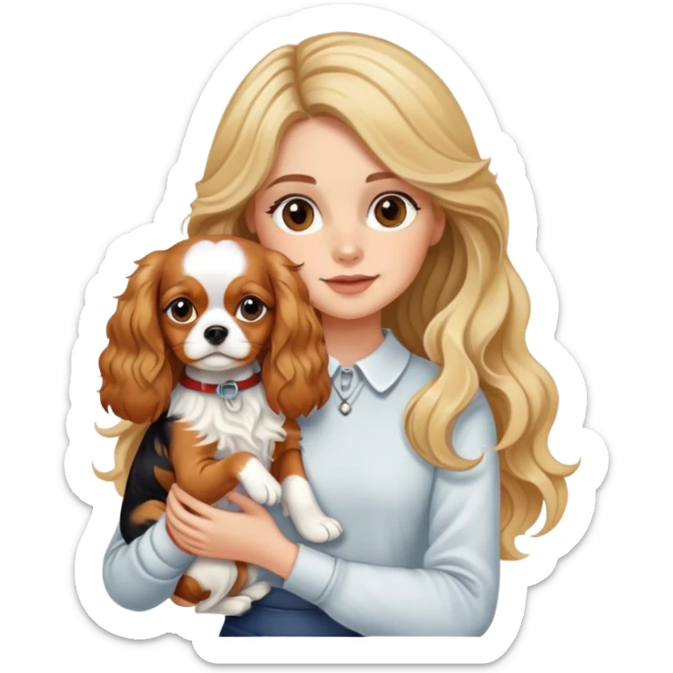 Girl with fair skin, long and wavy hair with blonde highlights, holding a cavalier king dog sticker
