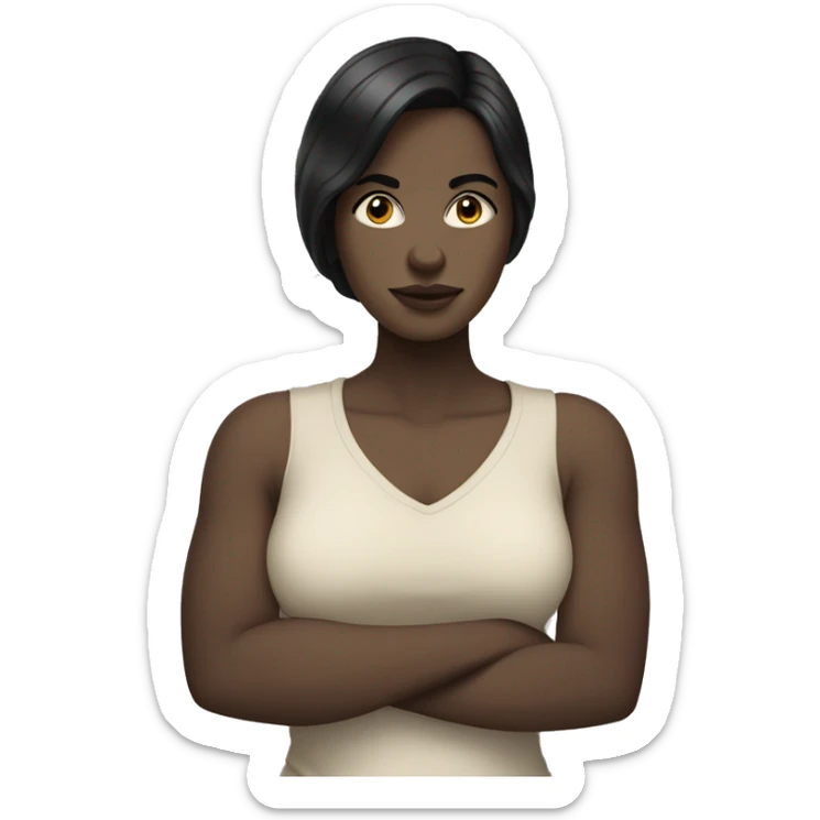 pale skinned, black haired woman, arms crossed over her chest and blank expression sticker