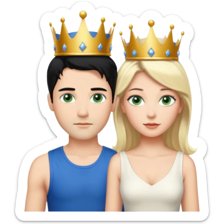 Prince with crown, black hair, blue eyes, woman blonde hair, green eyes, sexy white short sleveless dress,  sticker