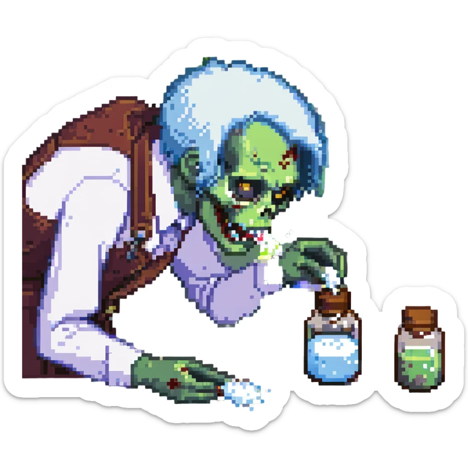 A zombie Leo  sniffing white powder with a background lab in the style of a pixel art sticker