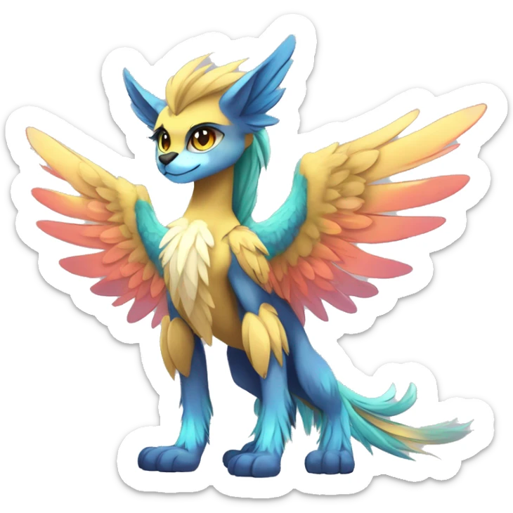 Anthro Sona Cool Edgy Cute Colorful Shy Winged Shiny Fakemon-Fantasy-Creature With Long Hair-Mane Full Body sticker