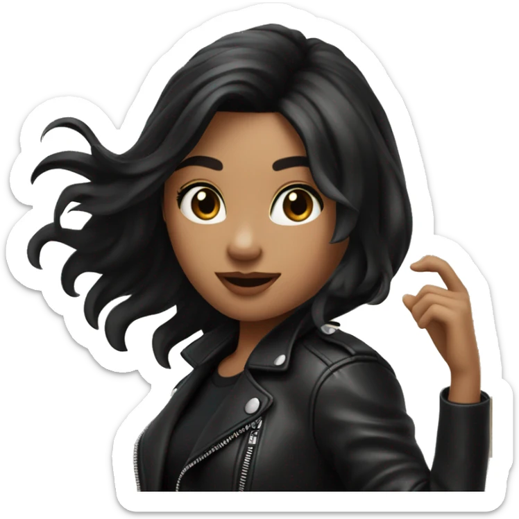 Beautiful girl with black hair and black leather jacket flipping her hair with her hand sticker