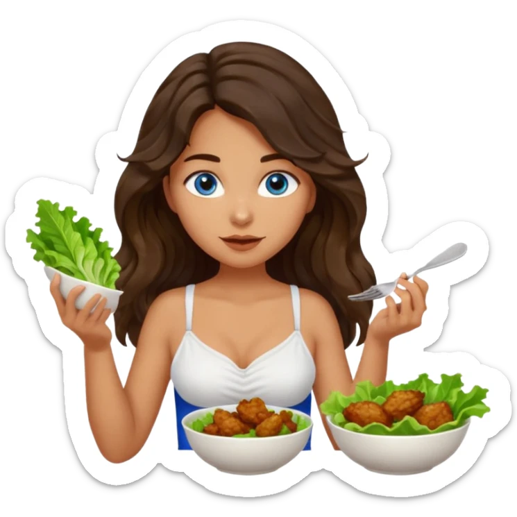 Girl with olive skin, blue eyes, brown dark insanely wavy long hair, white camisole eating a bowl of lettuce and chicken sticker