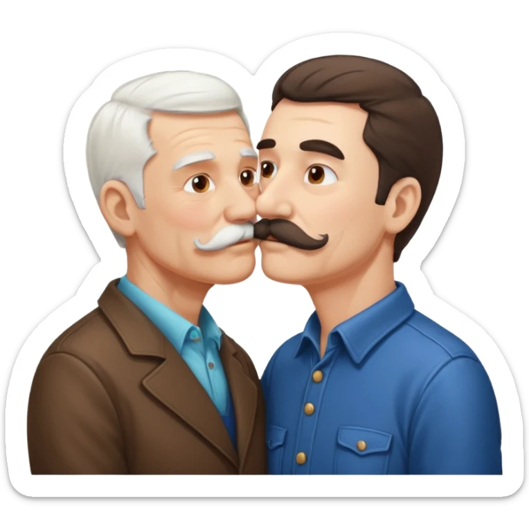 Young brunette man with mustache kissing old man with white hair and mustache sticker