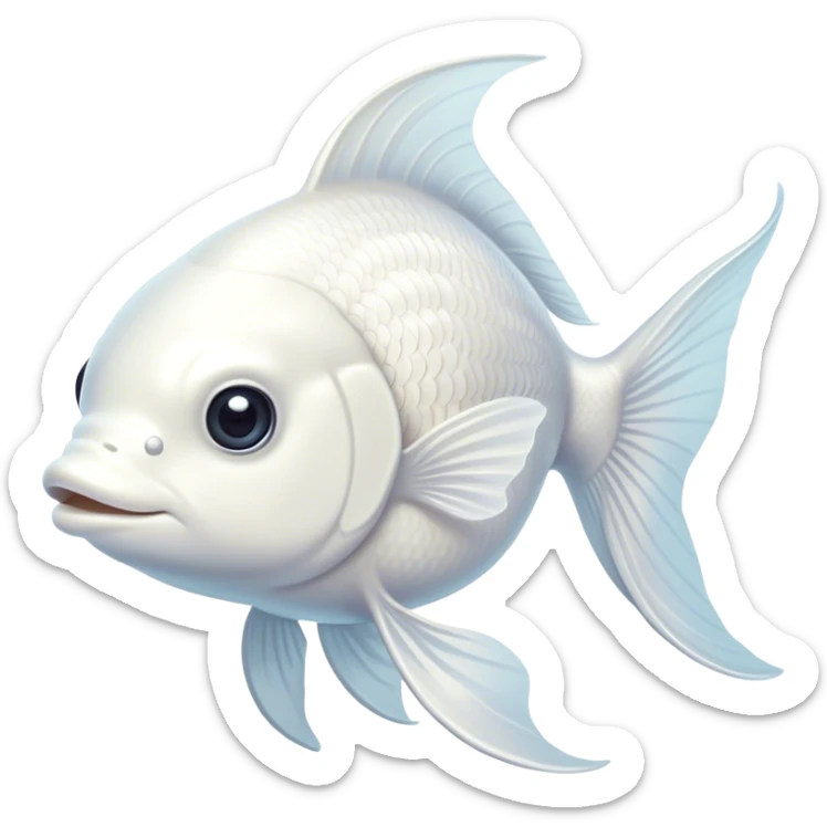 Cinematic Noble White Goldfish Portrait Emoji, Poised and regal, with a sleek, streamlined build and a luminous, pure white body, deep-set soulful pale eyes, Simplified yet sharp and sophisticated features, highly detailed, glowing with a soft, dignified glow, high shine, intelligent and graceful, stylized with an air of aquatic purity, focused and attentive, soft glowing outline, capturing the essence of a watchful and confident aquatic companion, so majestic it feels as though it could glide out of the screen with effortless authority! sticker