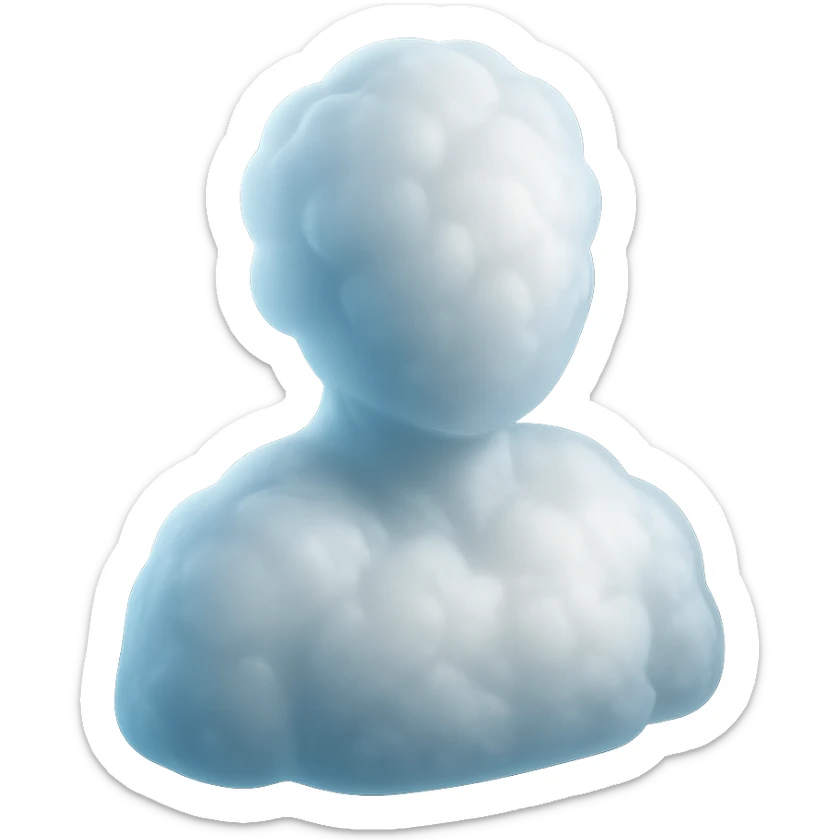 shoulder-up person fully made of white fluffy convex clouds, matte glass style sticker