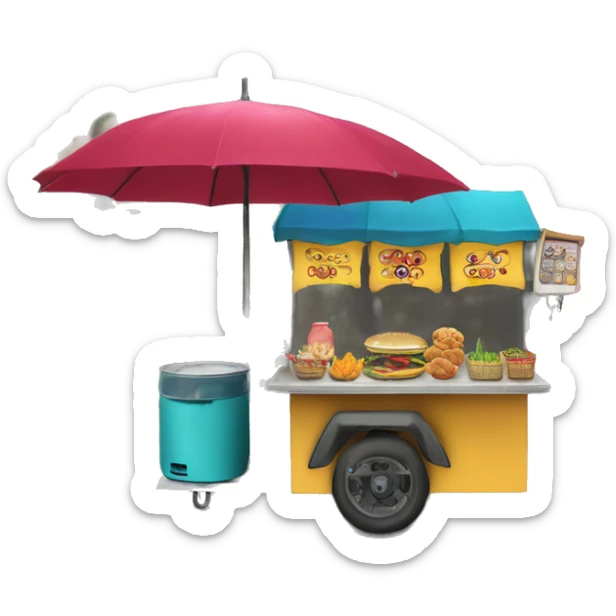 An emoji of a street food cart with a small table, colorful umbrella, and various food items on display sticker