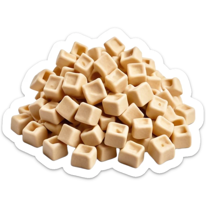 loose pile of irregular light beige soy protein chunks or curls with dry porous texture and slightly rough surface, unevenly shaped, resembling dehydrated plant matter, airy and fibrous, no bowl packaging or garnish, soft lighting, subtle shadows, emoji scale sticker