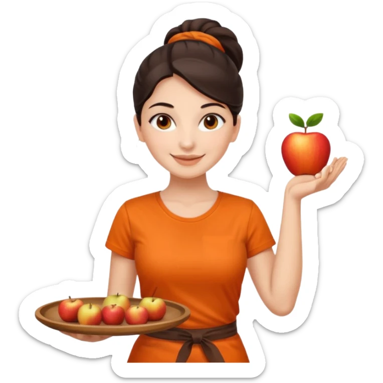 Create an iOS-emoji-style illustration of a cheerful female barista with bright fair skin and dark hair tied back. She wears an orange barista T-shirt and holds a brown serving tray. Style should be soft, rounded, and minimal like Apple emoji. sticker