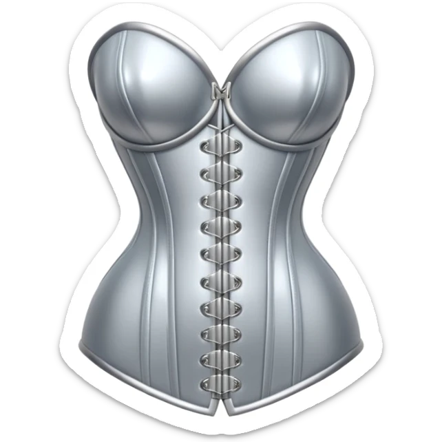 A luxury corset emoji made of silver chrome, smooth metallic curves, minimal fashion silhouette, glossy reflections, sensual high-end aesthetic, iOS emoji style, centered, clean white background sticker