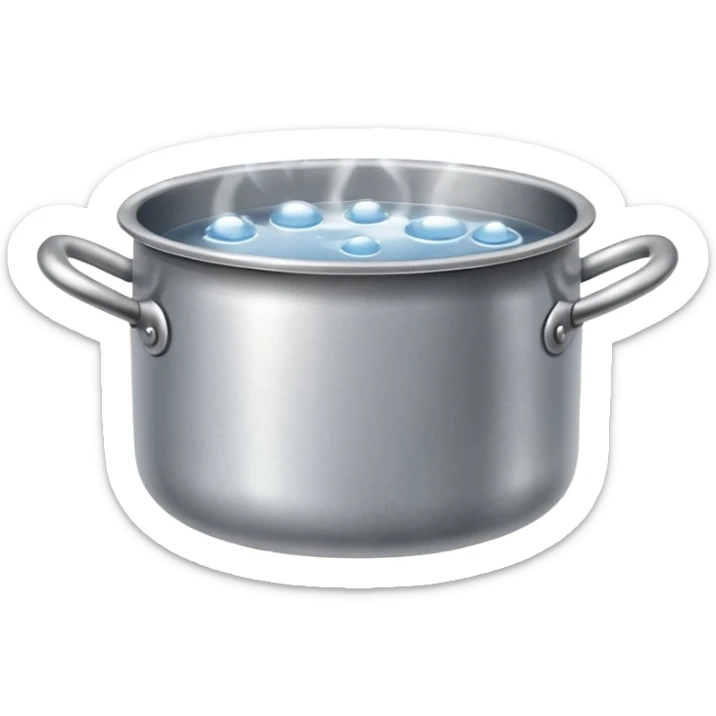 small metal pot filled with boiling water on a stove, visible hot steam and rising bubbles, realistic heat effect, shiny pot surface, bright lighting, clean white background sticker