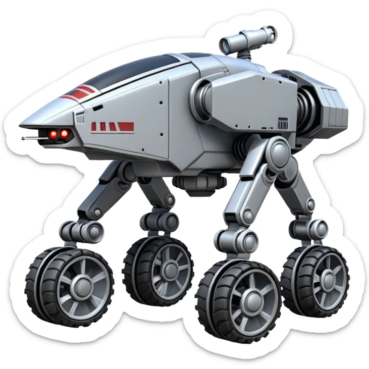 Star Wars jumping 8-wheel armored canine sporty self-balancing massive mech trail assault vehicle motor-in-wheel side-hill leaning actively robotically articulating hydraulic independent suspended pod gimbal defender mech off-road racing rover with large fast engine basher crawler megatron  sticker