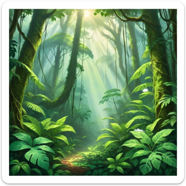 Cinematic Realistic Rainforest Emoji, Lush and vibrant, filled with towering trees, thick vines, and dense green foliage, sunlight filtering through the canopy above, creating dappled patches of light on the rich, diverse undergrowth. The air is heavy with moisture, with mist rising from the forest floor and distant calls of exotic birds and animals echoing through the trees. Soft glowing outline, capturing the essence of a thriving, untamed tropical paradise filled with life! sticker