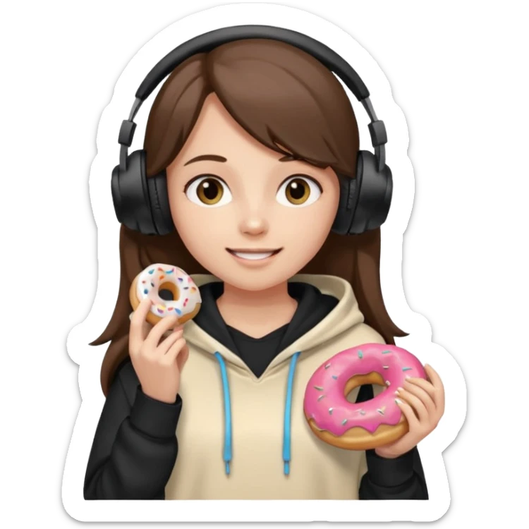 a girl with long brown hair green and wearing black headphones she is wearing a cream coulor baggy hoddie she is happyish holding a donut sticker