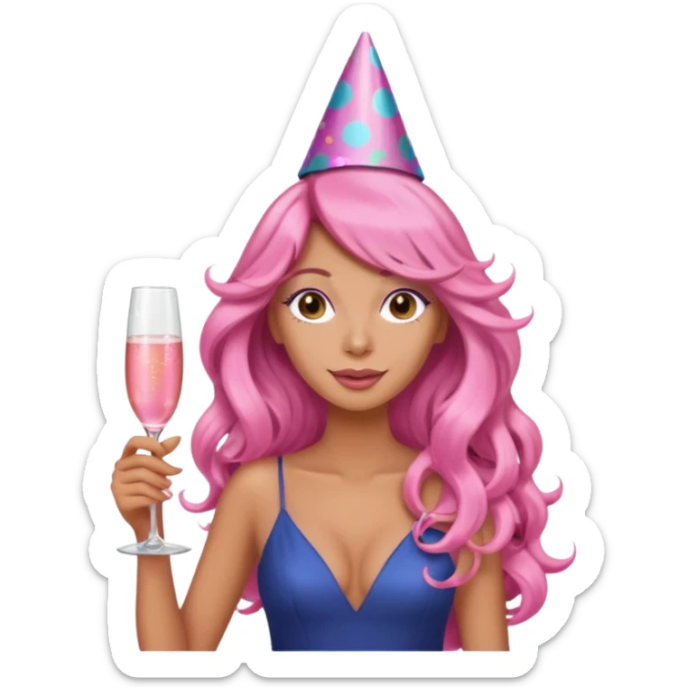 One lady with long pink curled hair and tan skin holding a glass of  pink champagne in each hand sticker