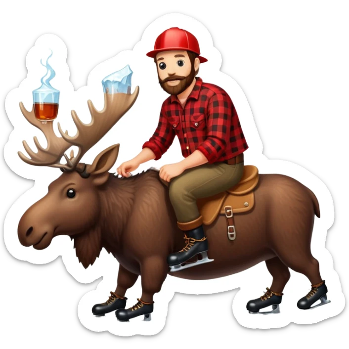 canadian lumberjack wearing red and black flannel shirt and drinking maple syrup and wearing ice skates while riding on a moose sticker