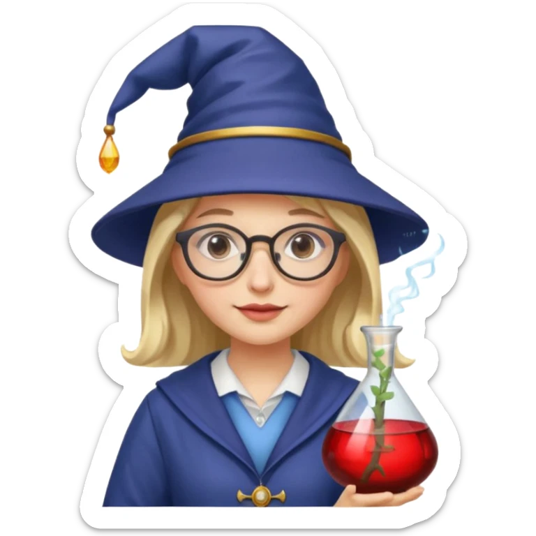 woman scientist with glasses, wearing wizard hat custome, with glass vase, red sticker