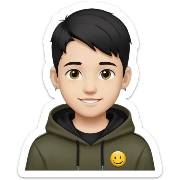 boy with military cut black hair, brown eyes, wearing 2 circle earrings and a black hoodie with a smiley face sticker