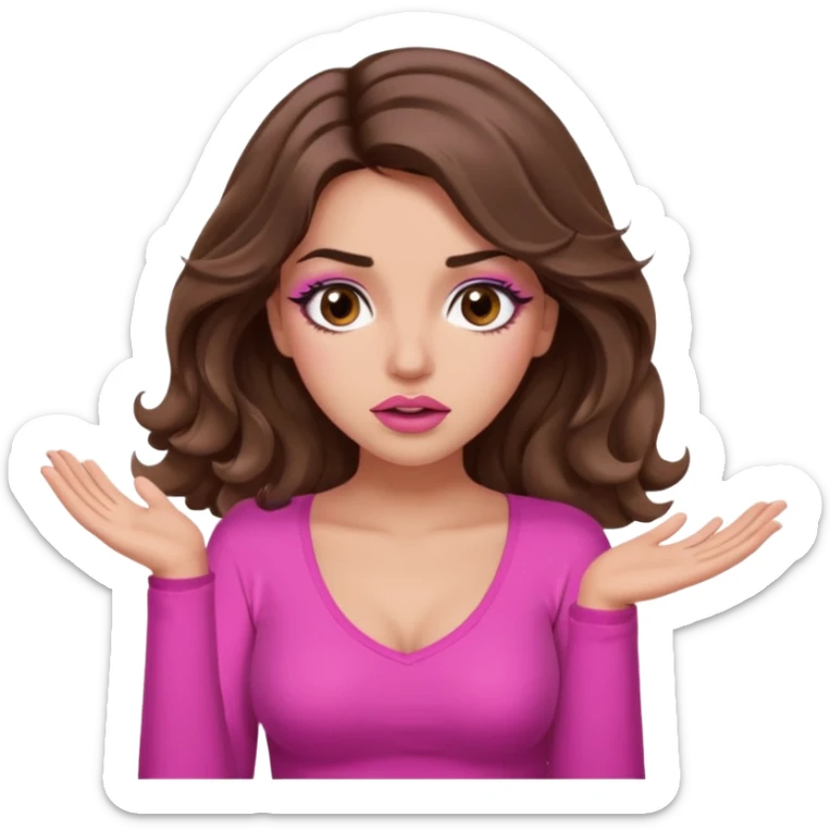 girl with long wavy brown hair, brown eyes, long lashes makeup, sexy pink lips, light to medium complexion, pink sexy top, shrugging with both hands, confused sticker