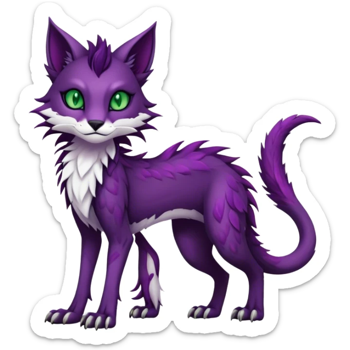 Kawaii dark edgy dark deep purplish with dark green eyes fantasy feline-vernid-sergal-fursona animal creature with a tufted tail full body with intricate markings  sticker