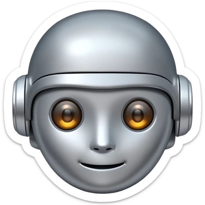 A cute futuristic robot emoji made of silver chrome, rounded friendly body, minimal facial features, glossy metallic surface, soft reflections, iOS emoji style, centered, clean white background sticker