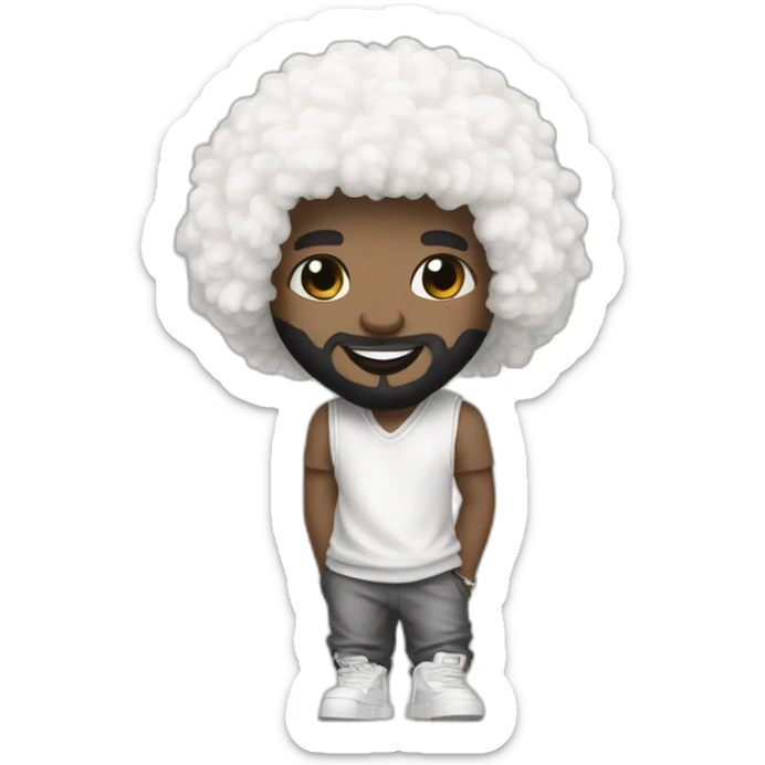 young-rapper-with hoop-white skin-black hair-beard-bichon dog-white-smile sticker