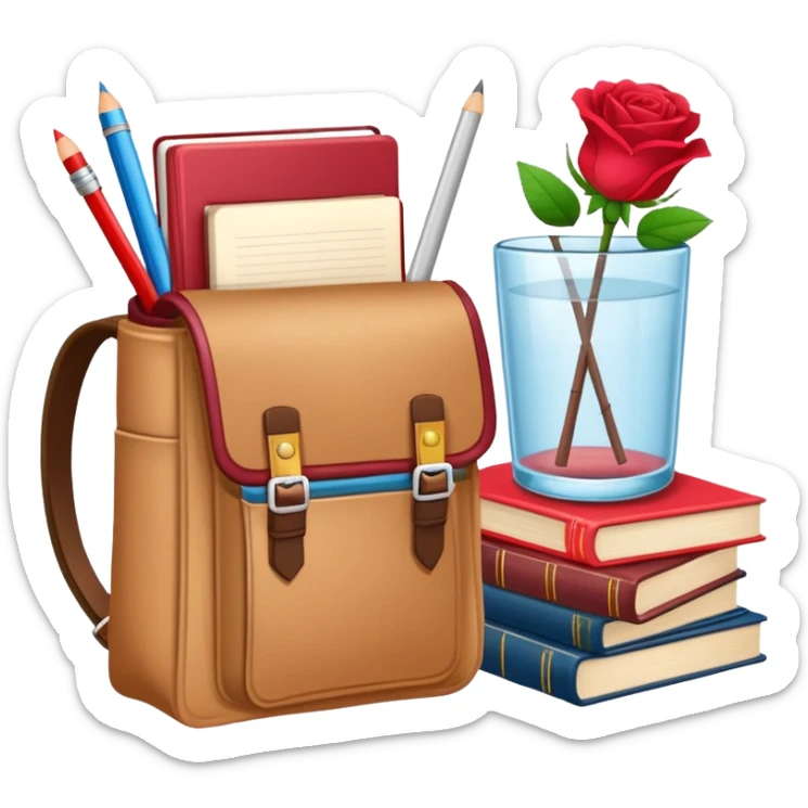 crear una  pizarra grande con libros a un lado, cuadernos, lapices, creyones, un vaso de cristal con rosas rojas, morral, lapto, estilo vector sticker