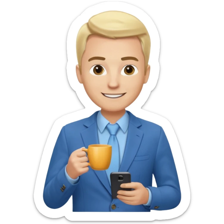Confident and outgoing male entrepreneur, Caucasian features, blonde hair, big friendly smile, expressive eyes, defined eyebrows, wearing a blue blazer over a light blue shirt, holding a smartphone in one hand and a coffee cup in the other, waist-up, front-facing sticker
