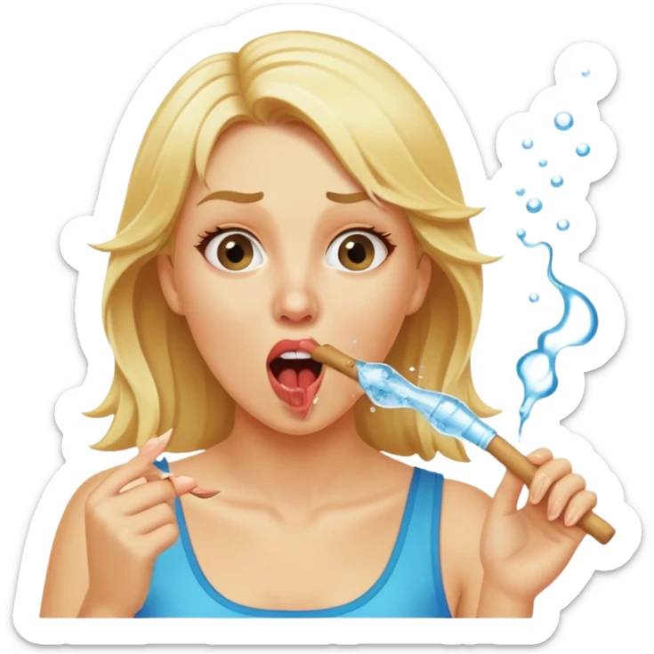 blond woman biting a wide skin-tone stick with a bite mark, water jet shooting from the stick into her mouth, surprised look sticker