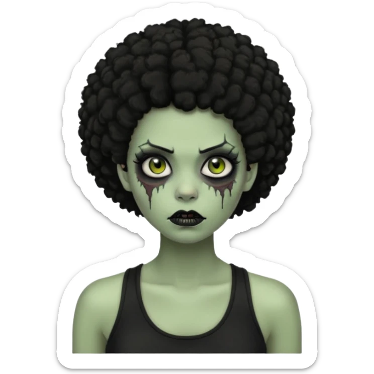 a female zombie with sage green skin, black afro hair, eyelashes and a black tank top sticker