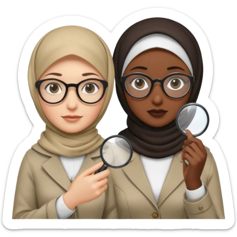 one white woman with hijab and glasses detective + one black woman without hijab and glasses detective  hand lens in one hand, hat etc sticker
