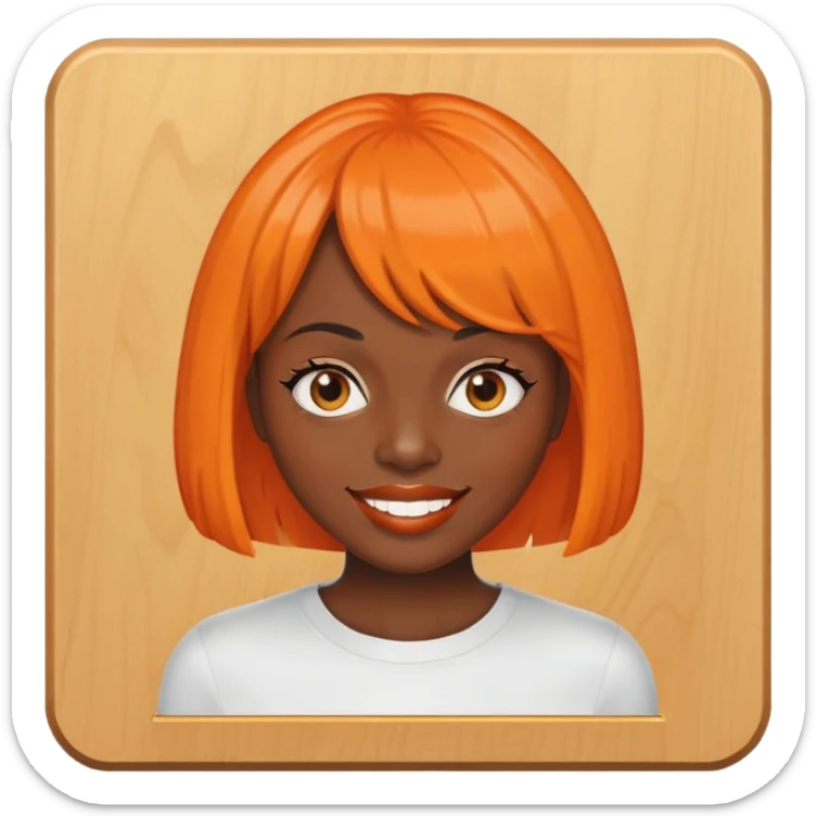 dark skinned Black woman with orange bob wig like Chucky's hair, visible plaque on her teeth sticker