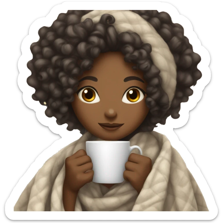 a lightskin black girl with curly hair wrapped in a blanket with a cup of tea sticker