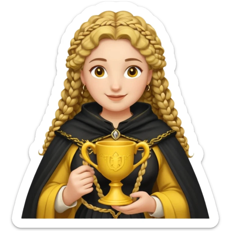 Helga Hufflepuff, 2 curly thick brown braids, yellow-black medieval dress, black cloak decorated with gold braiding, tiny two-handled shiny yellow-gold cup, very kind smile, curvy busty sweet woman, thick rosy cheeks sticker