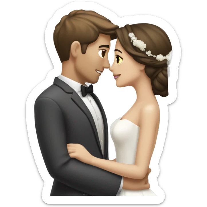 Bride with brunette hair and white skin kissing groom with brunette hair and beige skin sticker