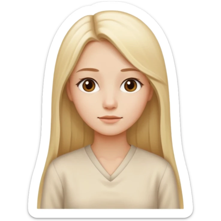 Cewe Kalem Kulit putih halus, rambut blonde panjang lurus rapi, belah samping. Pakai tunic beige terang atau cream soff sticker