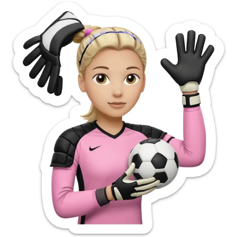 Make a dirty blonde football goalkeeper with goalkeeper gloves on. light skinned and wearing a light pink football kit. Wearing one ponytail on back of head. Make it without the whole body. With full sleeves. No RUGBY BALl.  BLACK AND WHITE BALL.  Holding the ball regularly sticker