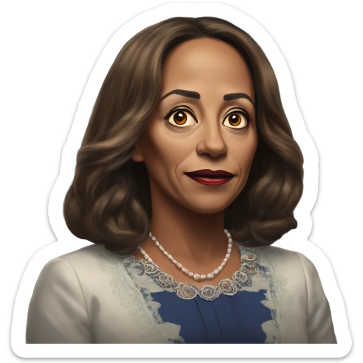 US president Kamala in Elsa style, oil paint, mysterious eyes, intricate lips, masterpiece portrait, odd perspective, beautiful, desirable, logical, midsommar, ikea sticker