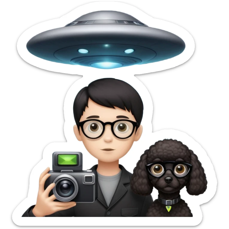A little boy with straight black medium-length hair, white skin, and black eyes wearing black-framed glasses is taking photos on a UFO with a camera. Beside him, there is an alien and a brown round-headed poodle. sticker