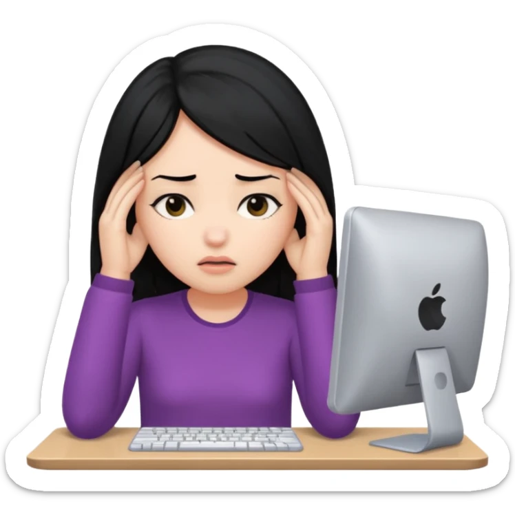 A girl is in front of a computer and is holding her head.The one with black hair sticker