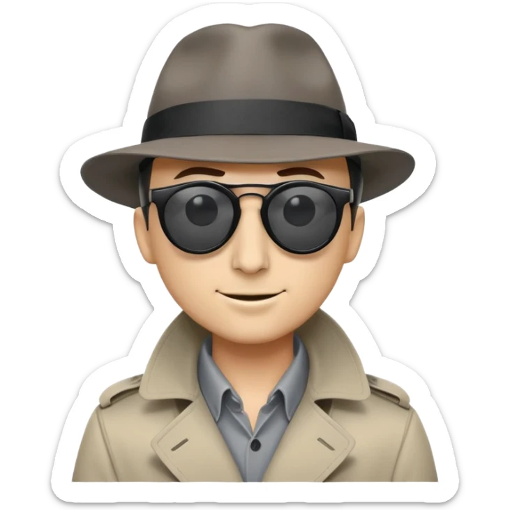 mysterious spy, newspaper up to nose, black sunglasses, hint of smile, dark fedora, gray trench coat, minimal round emoji design, playful secretive mood, plain background sticker
