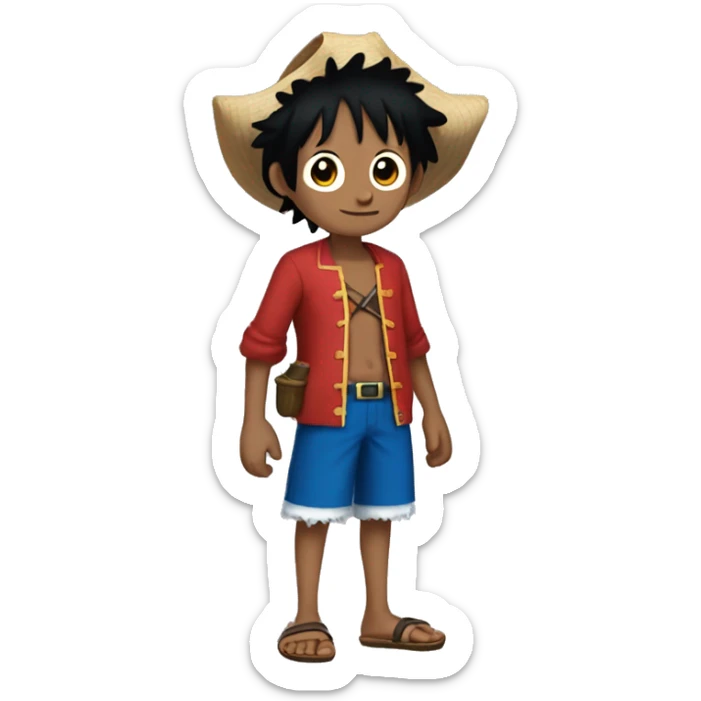 A boy named Luffy is a pirate with black hair red jacket with no shirt underneath with sandals and blue shorts sticker