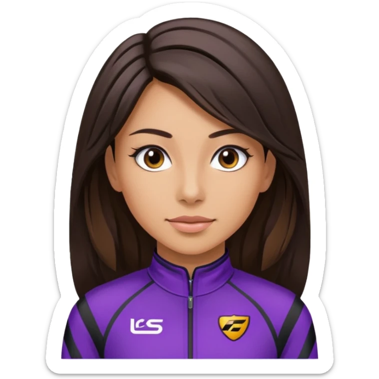 brunette long hair woman with black racing outfit with purple strips sticker