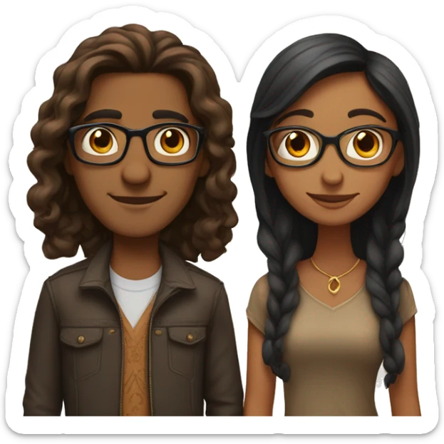 Indian couple short brown girl long hair, tall brown boy with glasses sticker